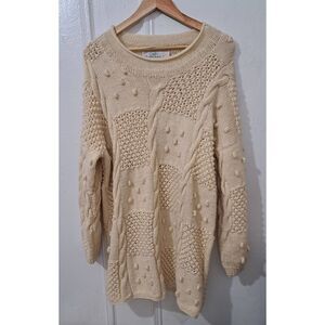 Quills Womens Large Handmade Irish Sweater Cable Knit Cream Beige